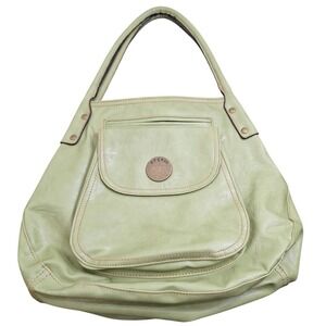 Axcess Womens Sage Green Faux Leather Hobo Shoulder Bag Front Pocket Bronze Trim